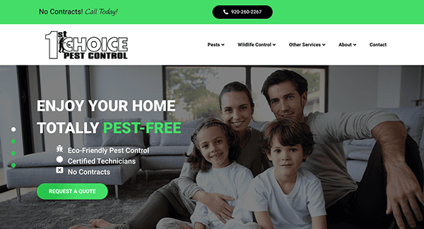 A family of four sitting on a couch, smiling. The text on the image reads: "Enjoy Your Home Totally Pest-Free" with services including eco-friendly pest control. Contact number is provided at the top.