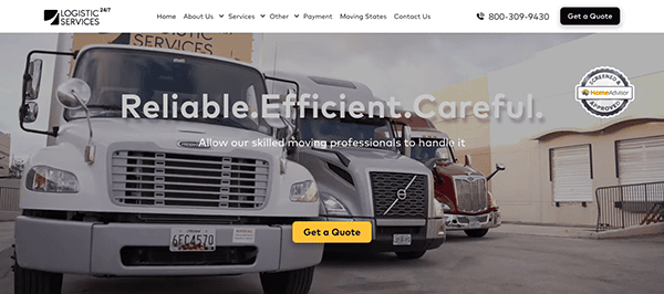 Three trucks are lined up in front of a logistics services building. The words "Reliable. Efficient. Careful." are displayed prominently. The webpage includes navigation links and a "Get a Quote" button.