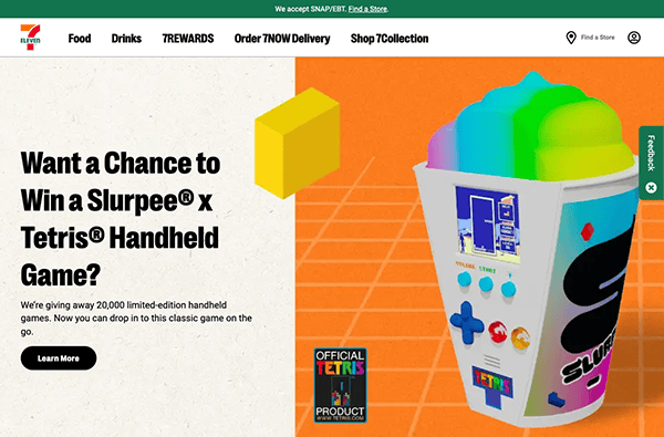 Promotional web page for a limited-edition sharpee x tetris handheld game, featuring a vibrant graphic of the game cup.