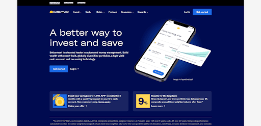 Screenshot of the Betterment homepage showcasing sleek fintech website design, featuring the slogan A better way to invest and save, a smartphone with the app open, and a blue Get started button on a dark blue background.