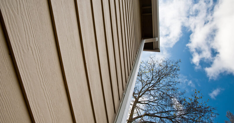Upward view of the side of a house with beige siding, a tree without leaves, and a partly cloudy sky in the background, reminiscent of some of the best siding website designs.