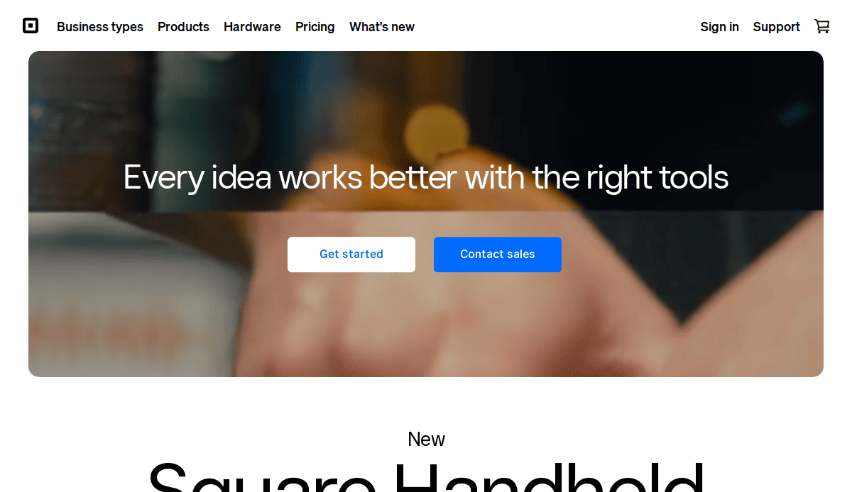 Screenshot of a Fintech website design featuring a blurred background of hands working. Overlay text reads, “Every idea works better with the right tools.” Below are two buttons and a top menu, showcasing smart UX and conversion tactics.