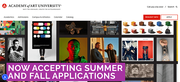 Website homepage for academy of art university featuring a navigation bar, student images, and a banner stating "now accepting summer and fall applications.