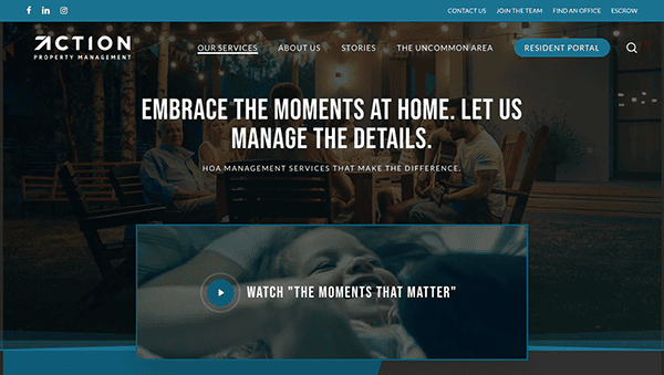 Website homepage of Action Property Management featuring a header with navigation links and a main banner with an image of a family lounging outdoors, overlaid with text and a video play button.