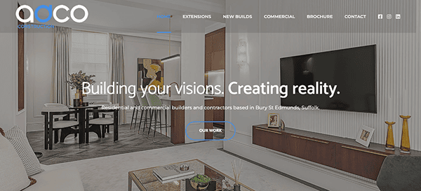 Modern living room with a wall-mounted TV, a dining area, and minimalist decor. Text reads: "Building your visions. Creating reality. Residential and commercial builders and contractors based in Bury St Edmunds, Suffolk.