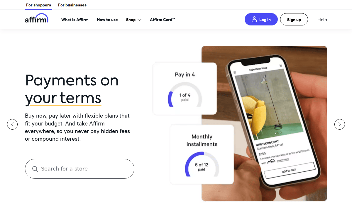 A phone screen displays a yellow chair for sale on a Fintech website design, with visual progress bars labeled Pay in 4 and Monthly installments—smart conversion tactics to boost UX. Navigation and sign-in options appear at the top.