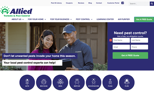 Two pest control experts looking at a tablet. A banner displays pest control services and an offer for a free quote. Icons at the bottom show various pests including ants, bed bugs, bees, beetles, and cockroaches.
