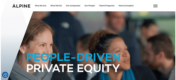 Website banner for Alpine's "People-Driven Private Equity" featuring a diverse group of professionals in a discussion.