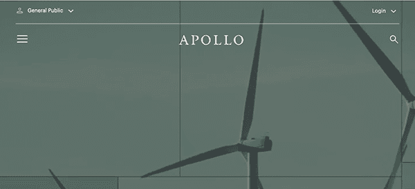 Website header with the word "APOLLO" and silhouette of wind turbines at dusk, featuring a navigation menu and login option.