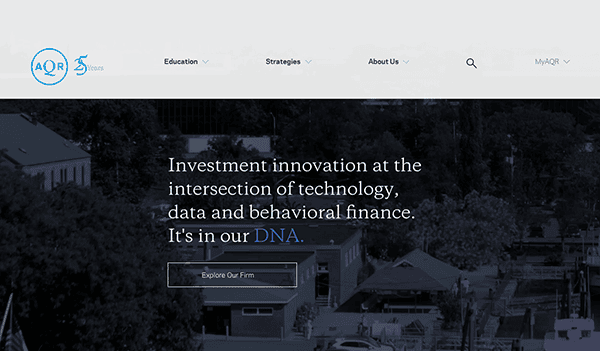 Website homepage of an investment firm, showcasing a tagline about innovation in technology, data, and finance, with a background image of a cityscape.