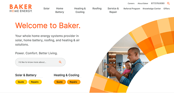 A screenshot of the Baker Home Energy website. The page highlights services like solar, battery, heating, cooling, and roofing with customer reviews and an image of a technician working.
