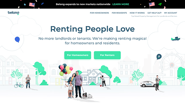 Webpage interface for a property management service, featuring illustrations of houses and people, with buttons for homeowners and renters and a slogan about transforming renting.