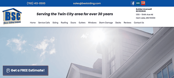 Screenshot of the Best Siding Company website, showing contact info, services offered, and a call-to-action button for a free estimate against a backdrop of a sunny rooftop.