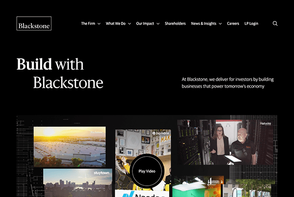 Screenshot of the Blackstone homepage featuring a title "Build with Blackstone," navigation menu, and multiple images of urban landscapes and business activities.
