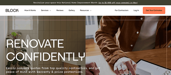 A person in a brown jacket using a tablet. Text on the image promotes home renovation services with confident quotes from quality contractors.