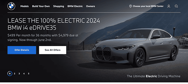 A promotional banner on a website showcasing a 2024 model of a bmw electric car with leasing details, against a mountainous backdrop.