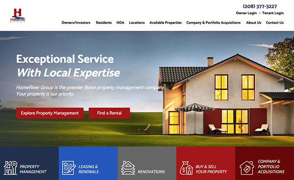Homepage of a property management company featuring a large photo of a suburban house at sunset, with navigation links and two call-to-action buttons.