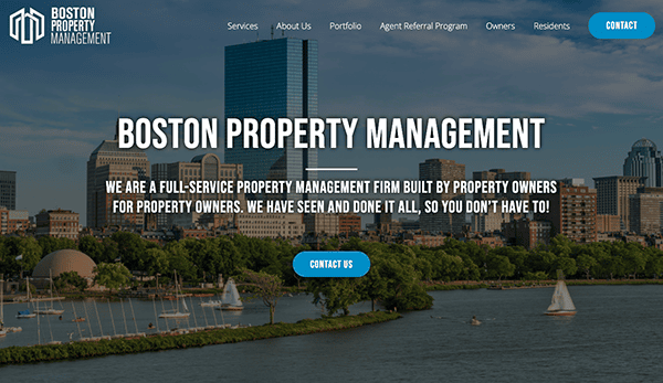 Homepage of Boston Property Management featuring a skyline view, river, and a sailboat, with a contact button and company description overlay.