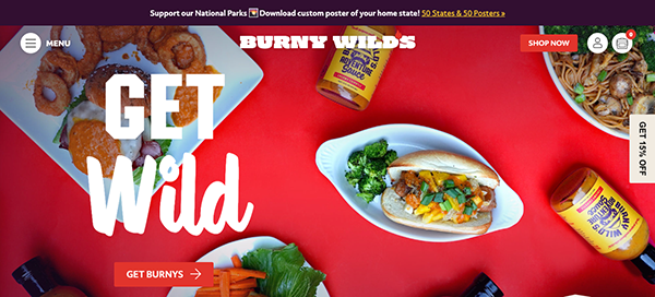 Website banner for "burny wilds" featuring images of a chicken meal, hot sauce, and a taco, with a vibrant red background and promotional text.