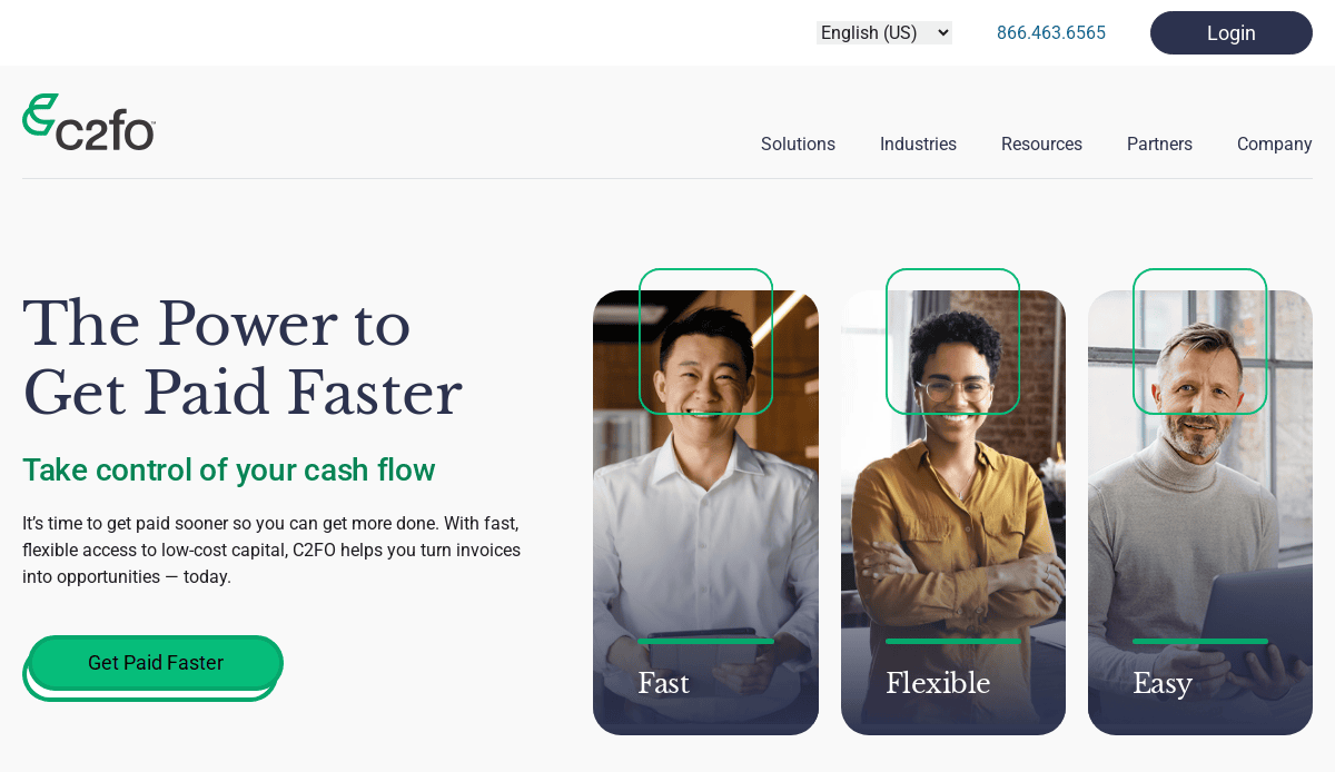 Three professionals—an Asian man, a Black woman, and a white man—smile in boxes labeled “Fast,” “Flexible,” and “Easy” on a Fintech website design that uses smart UX and conversion tactics, featuring a green “Get Paid Faster” button.