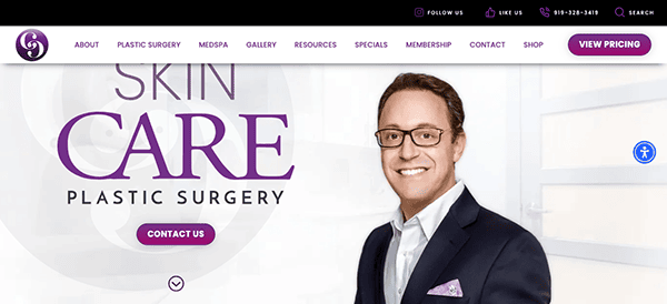 Website banner for a skincare plastic surgery clinic featuring a smiling male doctor in a suit, with contact and pricing information.