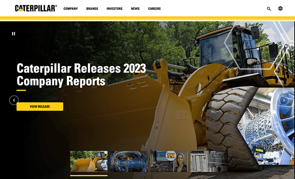Yellow caterpillar bulldozer on the homepage of caterpillar's website announcing the release of their 2023 company reports.