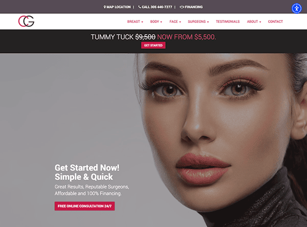 Close-up of a woman's face with a promotional banner for tummy tuck surgery, including pricing details, on a website's homepage.