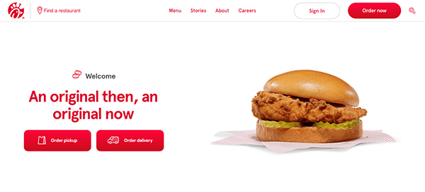Website home page for a fast food restaurant featuring an image of a crispy chicken sandwich and options to order pickup or delivery.