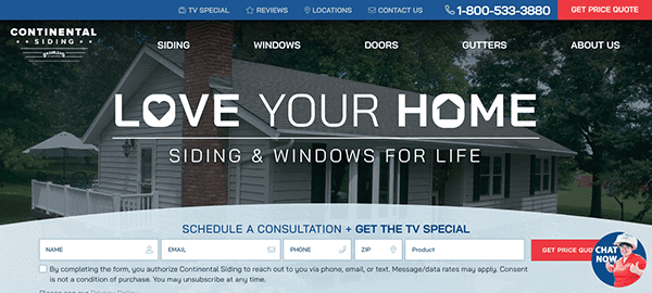 Homepage of Continental Siding featuring a house, the slogan "Love Your Home," a consultation form, and standout siding web design to inspire those seeking the best siding websites for windows and exterior services.