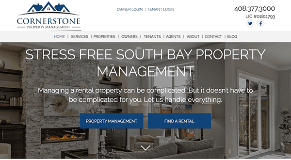 Website homepage for Cornerstone Property Management featuring a banner with text "Stress Free South Bay Property Management" over an image of a stylish living room.