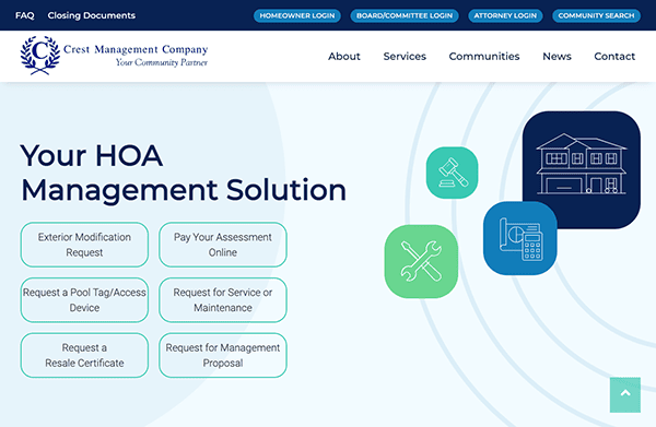 Website homepage for Crest Management Company with menu options for homeowner services and account management in a blue and green color scheme.