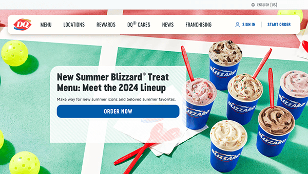 Webpage from dairy queen featuring an advertisement for the new summer blizzard treat menu with cups of various ice cream flavors displayed.