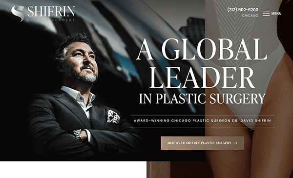 Website banner showcasing Dr. David Shifrin, a plastic surgeon, with text "A Global Leader in Plastic Surgery" and contact details for his clinic in Chicago.
