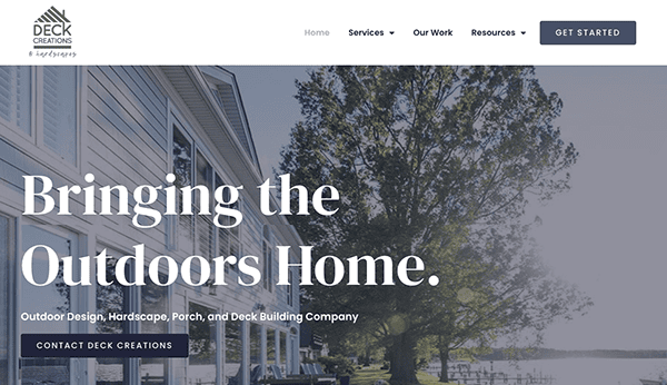 A promotional website for Deck Creations, featuring a lakeside deck with seating. The text reads "Bringing the Outdoors Home" and includes navigation links for services, work, resources, and a contact button.