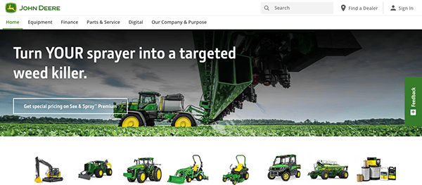 A john deere website page showcasing a large agricultural sprayer over a green field with navigation options and an ad for "spray+'s premium.