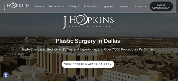 Website homepage for Hopkins Plastic Surgery in Dallas showing an aerial view of the city with a navigation menu and a button for viewing before and after gallery.