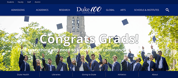 Website banner celebrating graduates, showing a group of students in caps and gowns throwing their hats in the air in front of a university building.