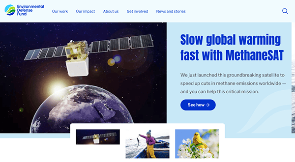 Website homepage of the environmental defense fund featuring a header image of methanesat satellite with text about combating global warming.