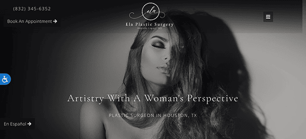 Black and white promotional website banner for Ela Plastic Surgery featuring a woman’s face partially covered by her hair, with text stating "Artistry With A Woman's Perspective".