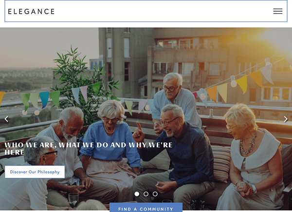 A group of seniors laughing and chatting on a sunlit balcony decorated with bunting. Text overlay reads, "Who we are, what we do and why we're here.