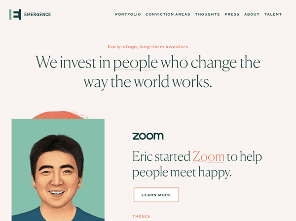 Web page of Emergence, an investment firm, featuring a statement "We invest in people who change the way the world works," alongside a portrait of a smiling Asian man with text about Zoom.
