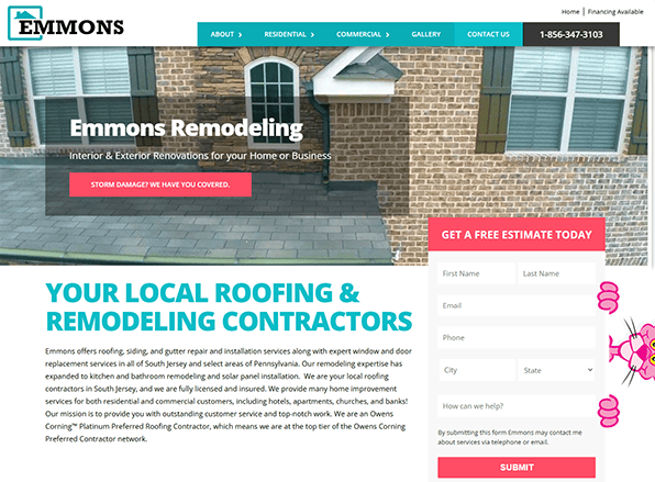 Screenshot of Emmons Remodeling website homepage featuring roofing, siding web design, remodeling services, a "Get a Free Estimate Today" contact form, and a navigation menu at the top.
