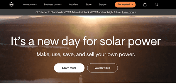 A website screenshot promoting solar power with the text: "It's a new day for solar power. Make, use, save, and sell your own power." Buttons for "Learn more" and "Watch video" are visible below the text.