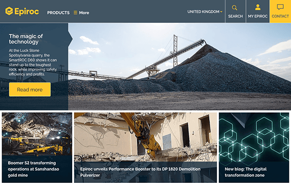 Website homepage for epiroc, featuring a header image of a large mining site with conveyor belt, and links to technology and product pages.