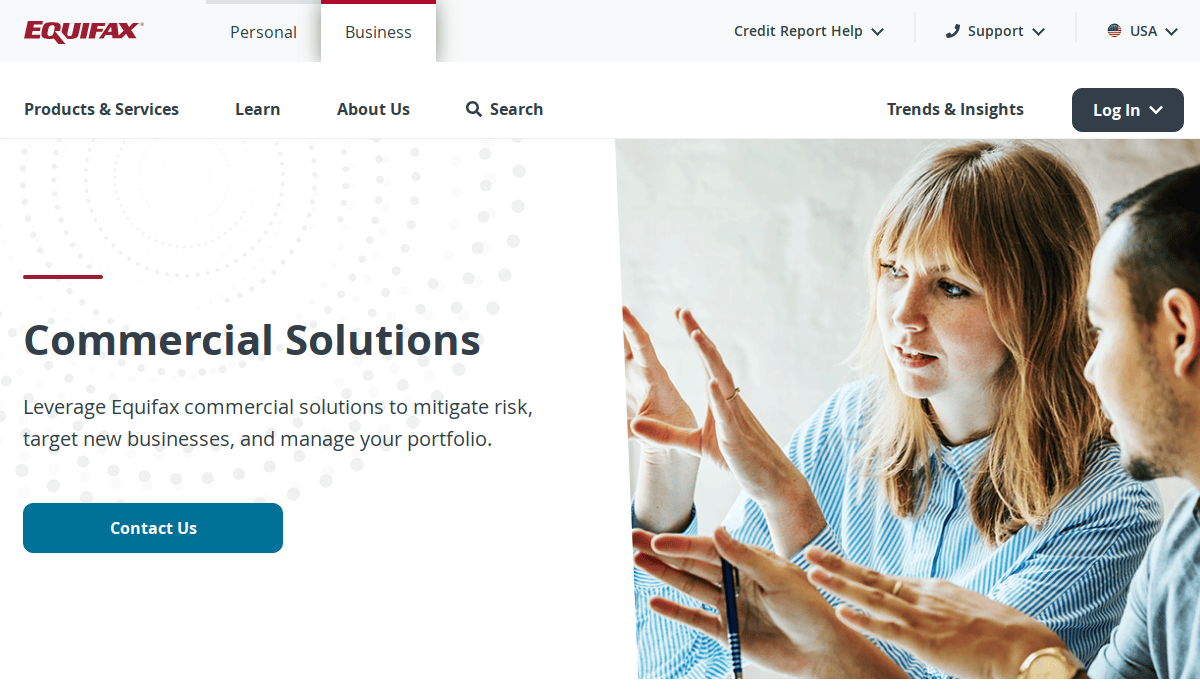 Screenshot of the Equifax website’s Commercial Solutions page, featuring two people in discussion and text about leveraging Equifax commercial solutions to mitigate risk, target businesses, and manage portfolios with effective conversion tactics and strong UX.