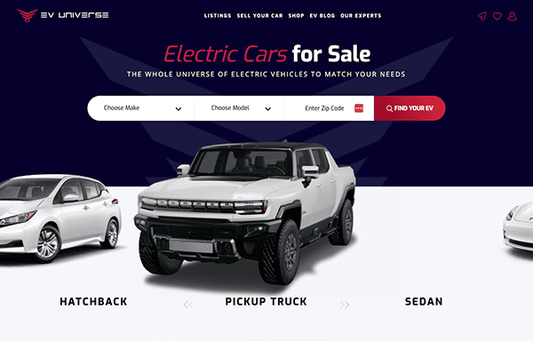 Website page for "ev universe" showcasing electric cars for sale, featuring dropdown menus for car make and model, and a search button, with images of different car types like hatchback, pickup, and sedan.