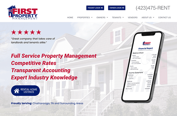 Website homepage of First Property Management featuring a contact number, sections for tenants and owners, and an image of a smartphone displaying financial reports.