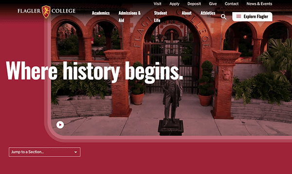 Website homepage of flagler college featuring a banner with the text "where history begins," displaying a statue in a courtyard flanked by arched entryways.