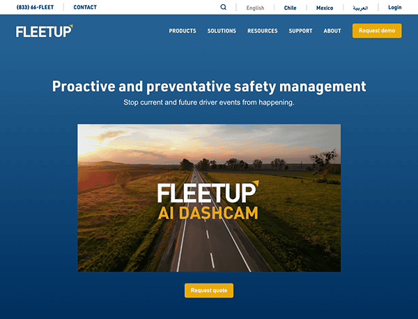Website homepage of fleetup featuring a banner with a sunset road view and text about ai dashcam for proactive and preventive safety management.