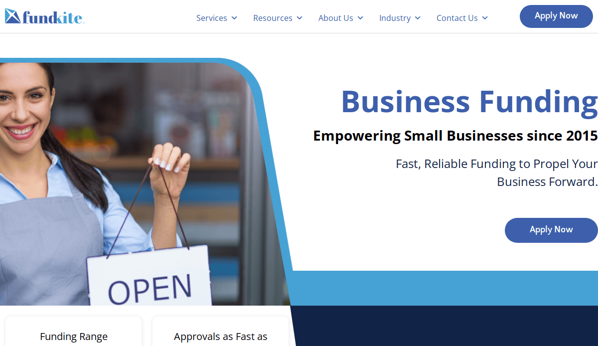 A smiling woman holding an OPEN sign stands next to a website banner for Fundkite, showcasing Fintech website design that highlights business funding services and effective conversion tactics with options to apply now.